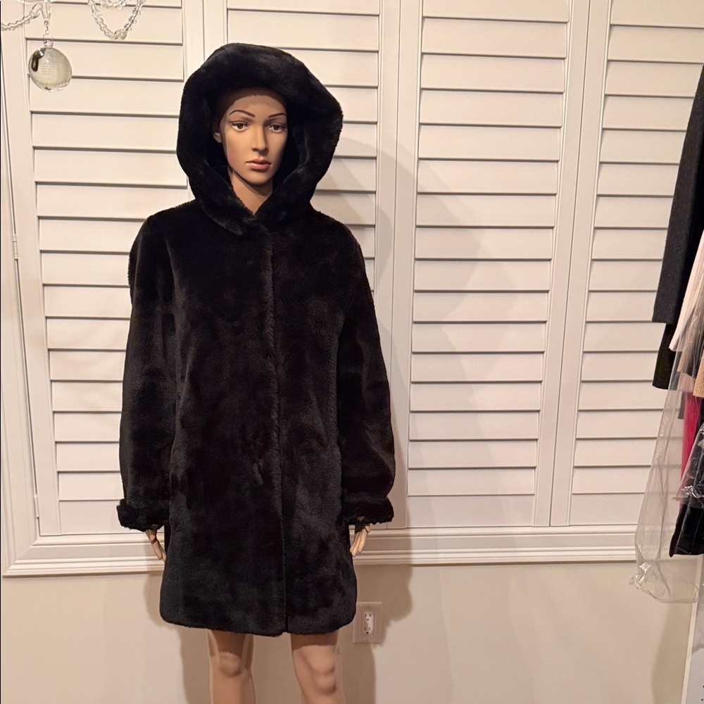 Women's Black Faux Fur Hooded Coat